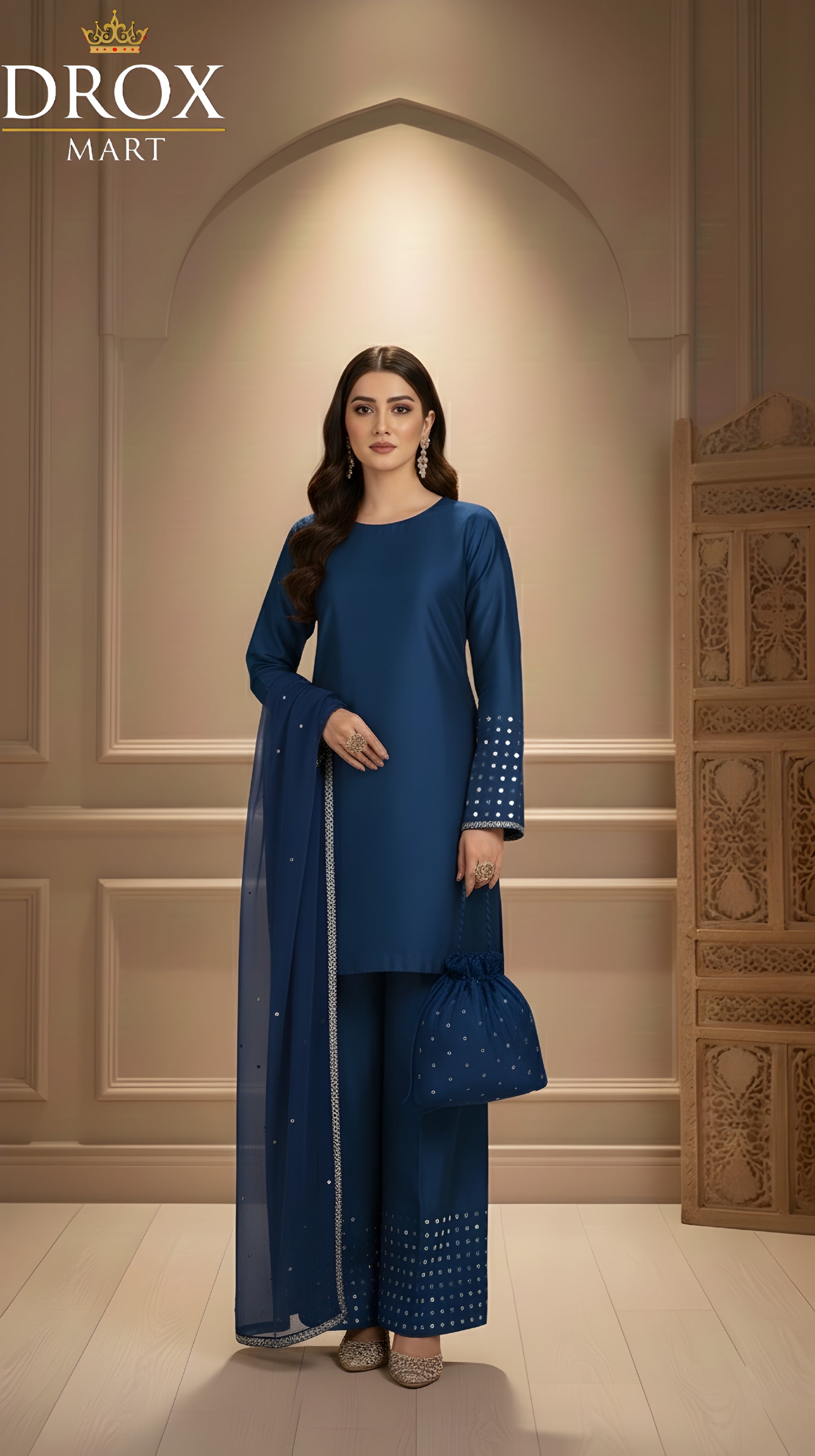 Women’s Shamoz Silk Farshi Shalwar Suit with Potli – 4 Piece Set