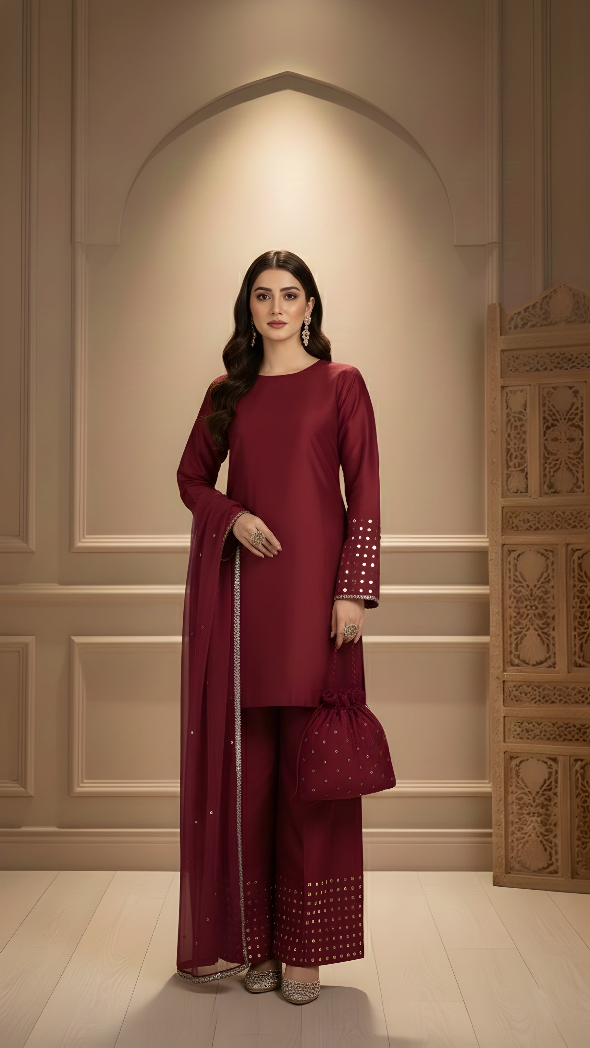 Women’s Shamoz Silk Farshi Shalwar Suit with Potli – 4 Piece Set