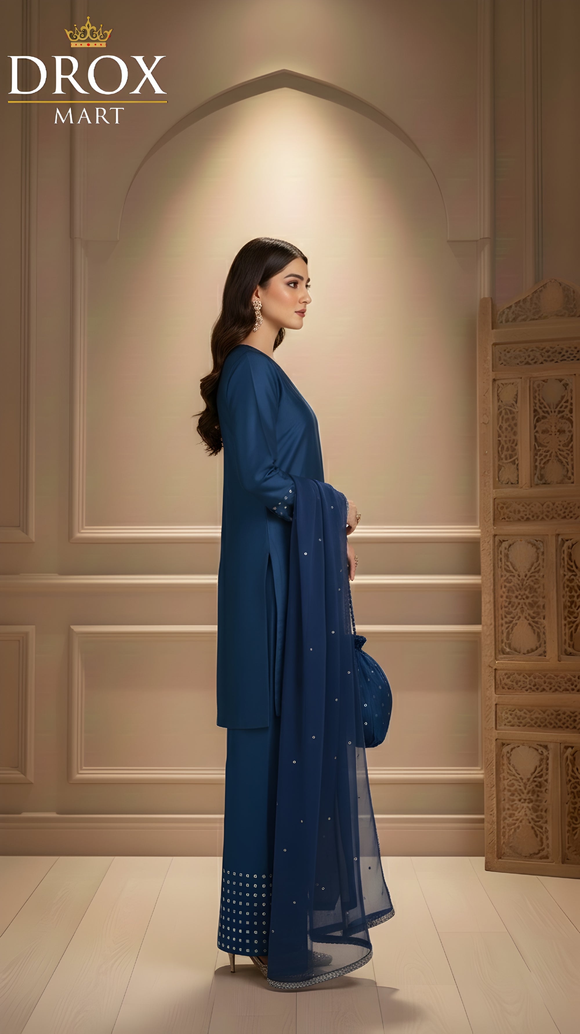 Women’s Shamoz Silk Farshi Shalwar Suit with Potli – 4 Piece Set