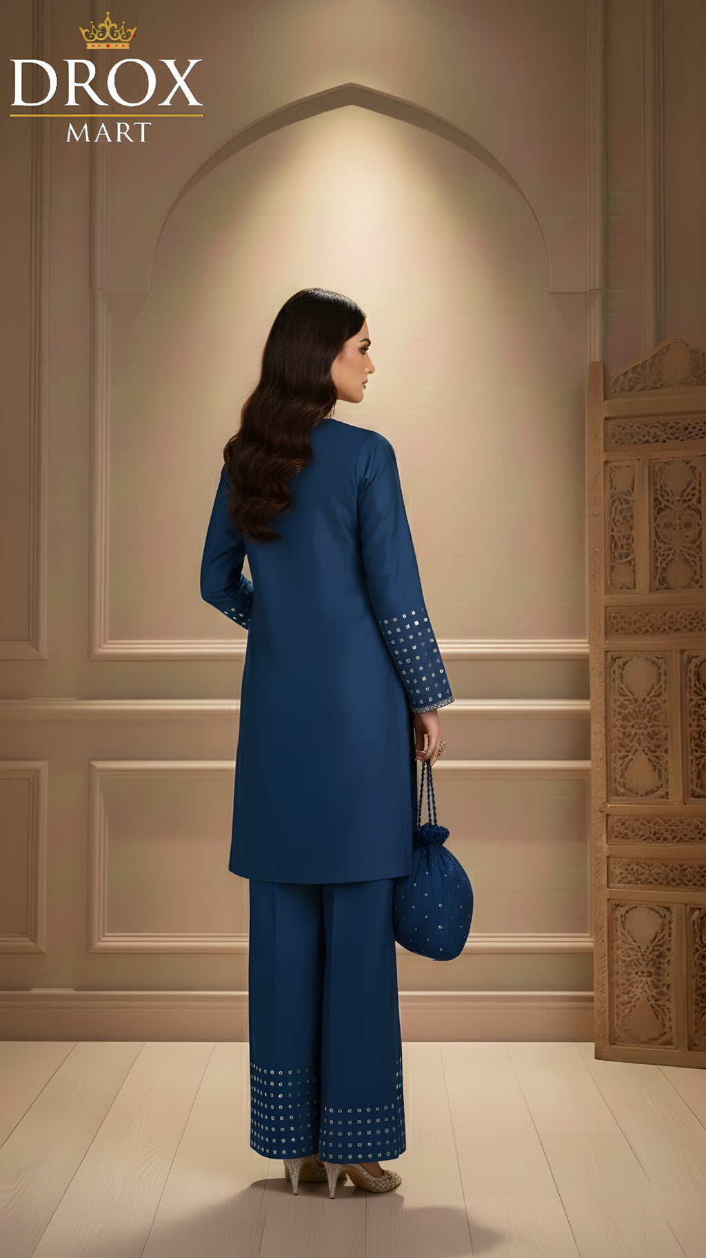 Women’s Shamoz Silk Farshi Shalwar Suit with Potli – 4 Piece Set