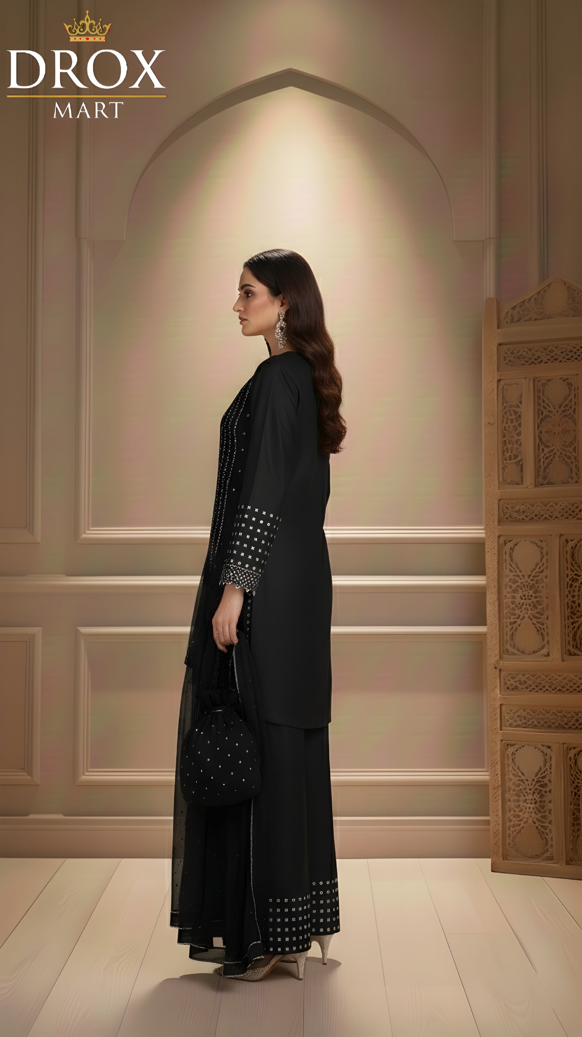 Women’s Shamoz Silk Farshi Shalwar Suit with Potli – 4 Piece Set