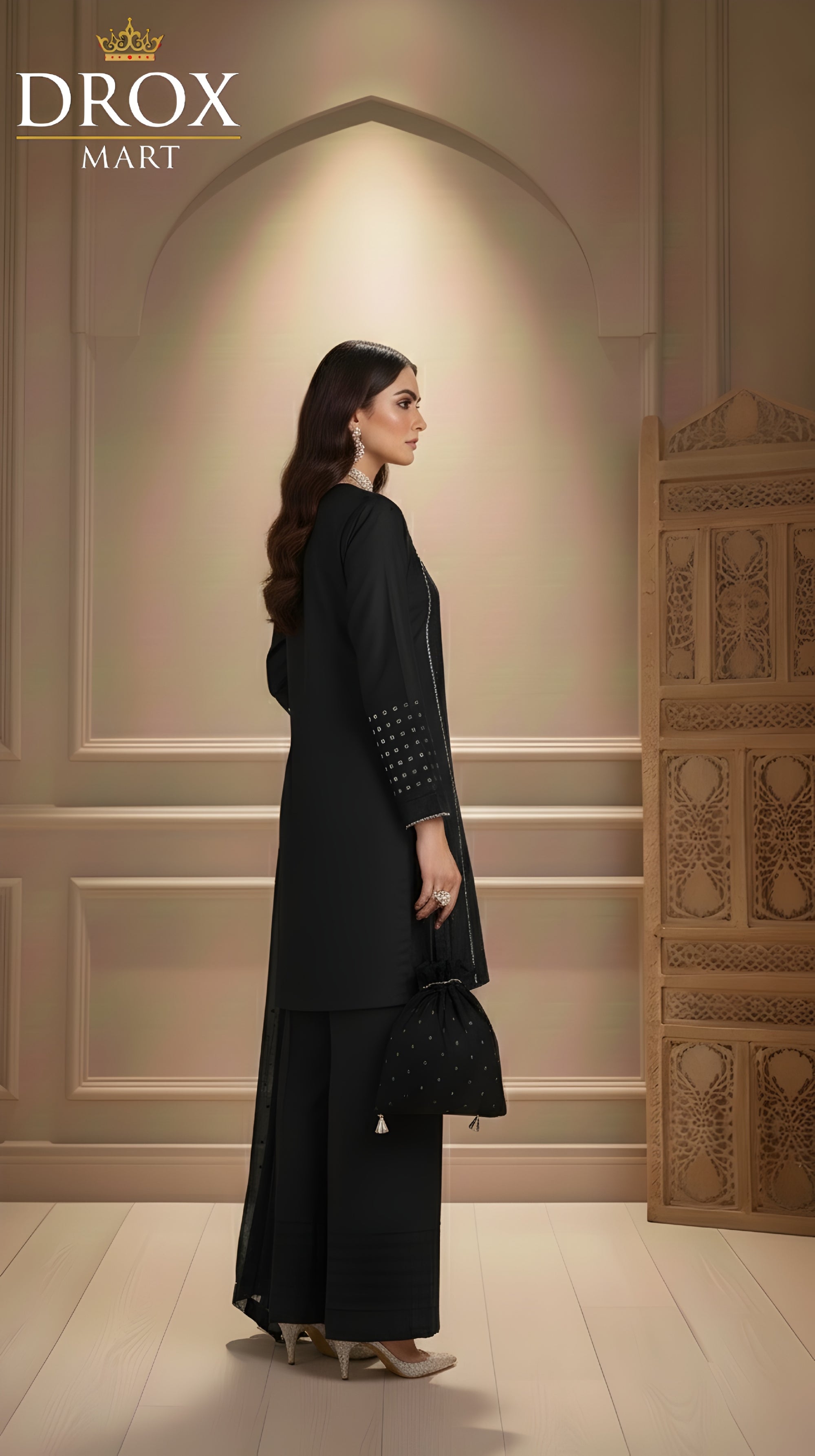 Women’s Shamoz Silk Farshi Shalwar Suit with Potli – 4 Piece Set