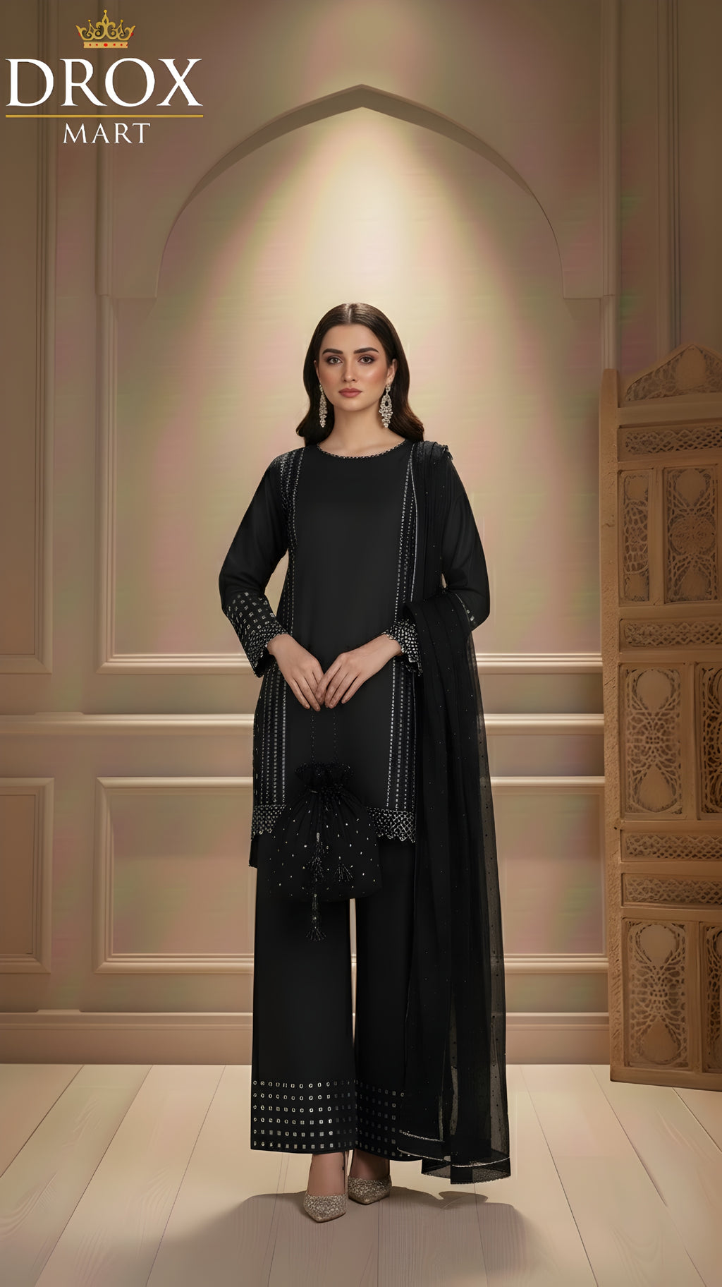 Women’s Shamoz Silk Farshi Shalwar Suit with Potli – 4 Piece Set